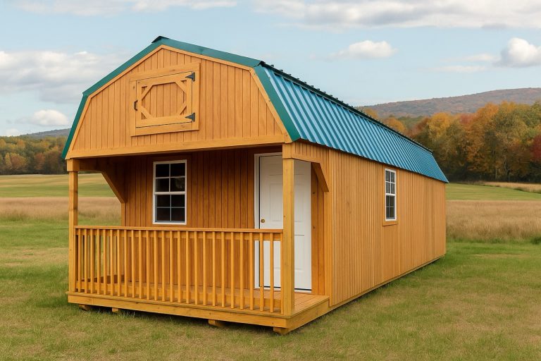 Prefab lofted barn cabin with blue metal roof, covered porch, and white door, set in an open grassy field.